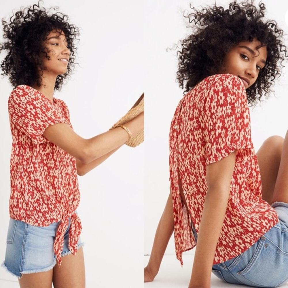 Madewell Crinkled Button Back red chiffon pleated floral knotted blouse XXS